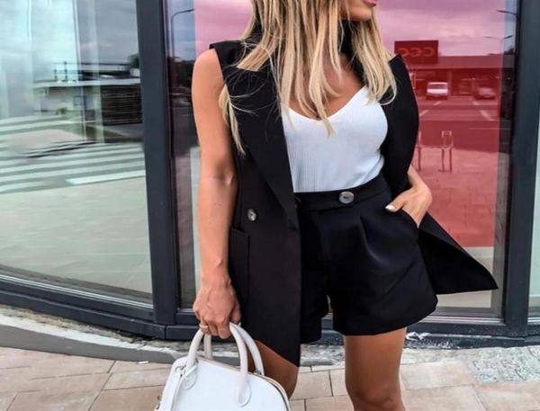 

women twopiece tracksuits vest coat and shorts solid color waistcoat single button yellow sleeveless blazers with shorts8499403, Gray