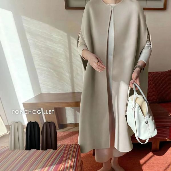 

womens wool blends superaen loose thickened round neck sleeveless cape cardigan woolen shawl jacket autumn coat 230818, Black