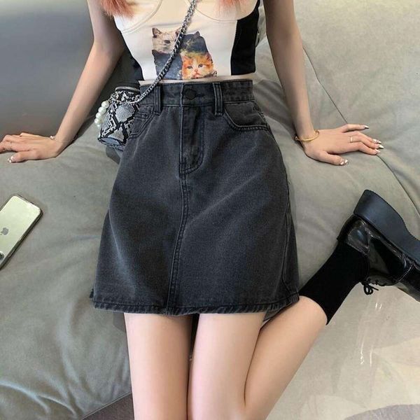 

summer korean style high waist short denim skirt womens all in one slim looking butt hugging a line trend, Black