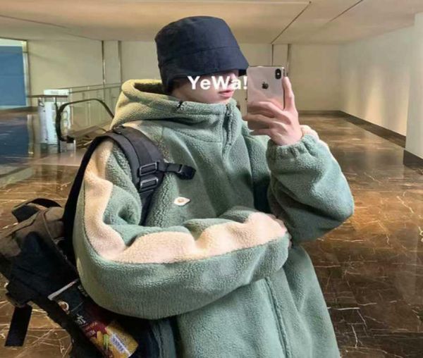 

men039s trench coats autumn and winter faux fur coat 2021 casual warm soft zipper hooded jacket plush pocket plus size teddy me8428396, Tan;black