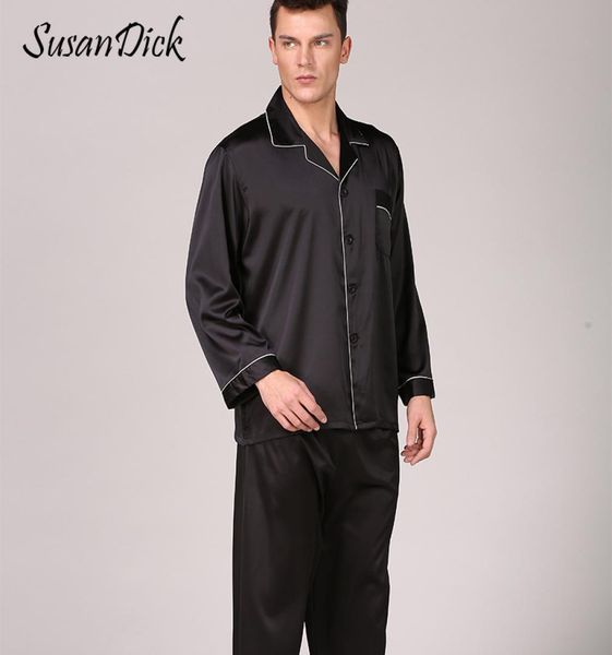 

susandick black silk pajamas sets men spring autumn luxury satin sleepwear set long sleeve solid man casual home clothes pijama3500339, Black;brown
