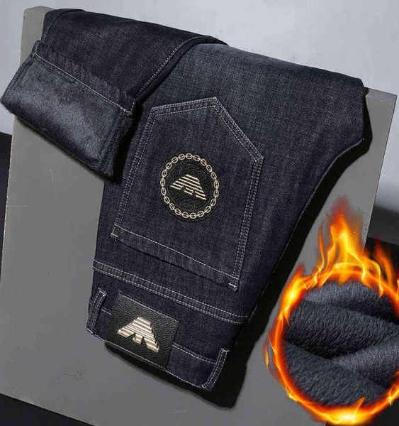 

luxury light european winter plush and thickened jeans men039s slim fitting feet embroidered elastic casual warm pants2083851, Blue