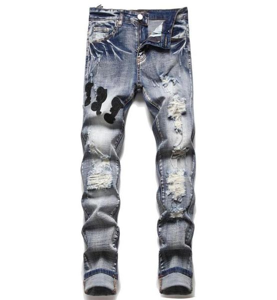 

men039s jeans 2021 european ripped hole patch trend stretch slim trousers highend versatile male denim pants1493076, Blue