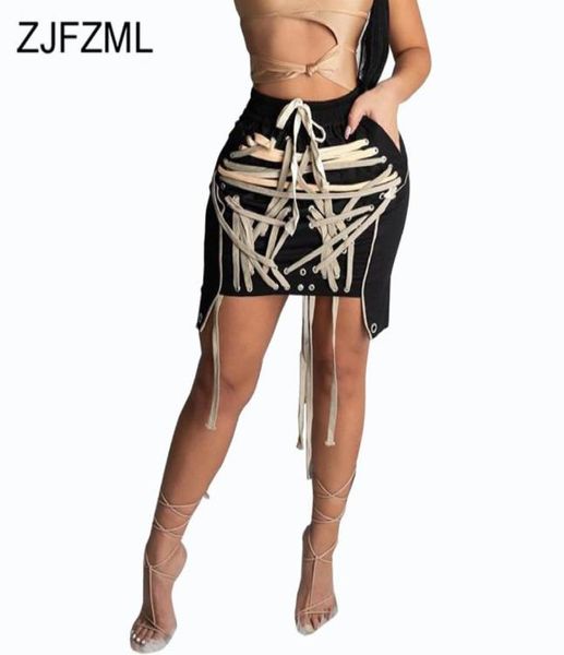 

women mini skirt lace up drawstring hip hop party clubwear fashion high waist bodycon skirts streetwear girl skinny robe femme3227958, Black