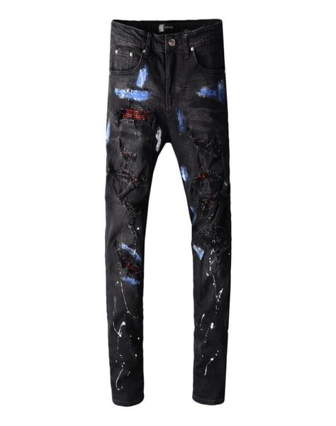 

men039s jeans hi street ripped men red diamond patchwork streetwear black stretch slim denim pants fashion printed5494494, Blue