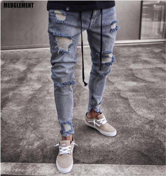 

brand designer slim fit ripped jeans men hi street hip hop mens trousers denim joggers pants knee holes washed destroyed jeans19083875, Blue