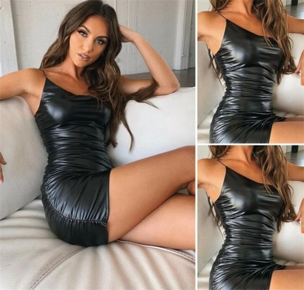 

women fitness pu leather stretch bodycon dress ladies cocktail club skinny sleeveless mini dress wet look streetwear x07056802790, Black;gray