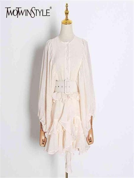 

twotyle vintage patchwork ruffle dresses o neck lantern long sleeve high waist with sashes dress female fashion 2103111427795, Black;gray