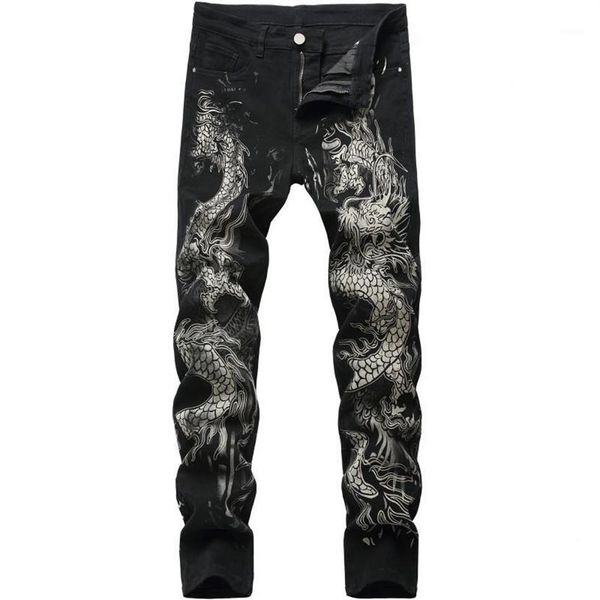 

fashion dragon printed jeans design mens denim pants men's original brand casual cotton slim pencil pants male black jean233s, Blue
