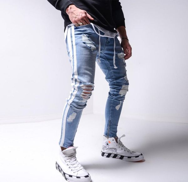 

men039s jeans ripped pencil pants men skinny denim biker side striped destroyed hole hip hop slim fit man scratched jean hombre4765449, Blue
