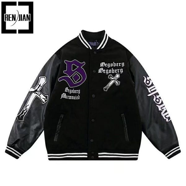 

mens jackets hi street oversized varsity baseball jacket with embroidery boyfriend style vibe letterman coat outerwear leather sleeve 230818, Black;brown