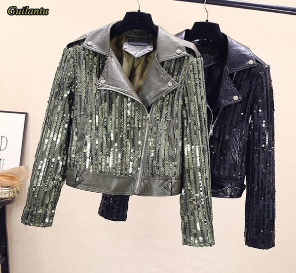

guilantu 2020 sequins leather jacket women turndown collar zipper casual punk streetwear jackets motorcycle biker coat female17808967, Black