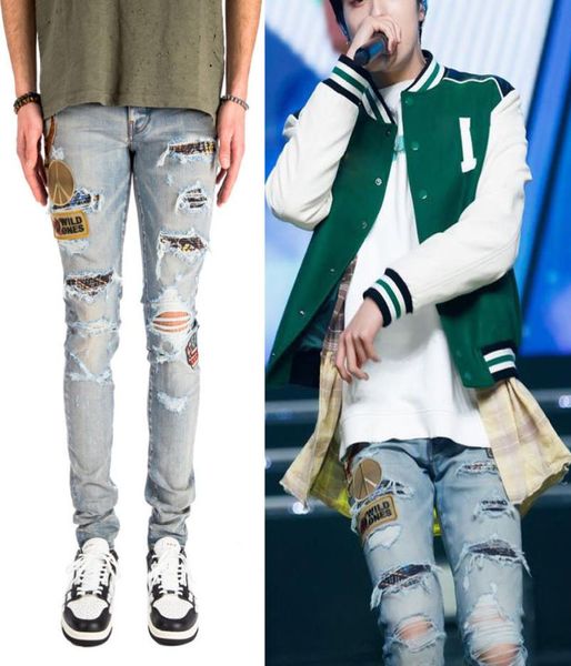 

men039s fashion multi embroidery patch washed holes ripped biker jeans slim stretch denim pants long trousers4778827, Blue