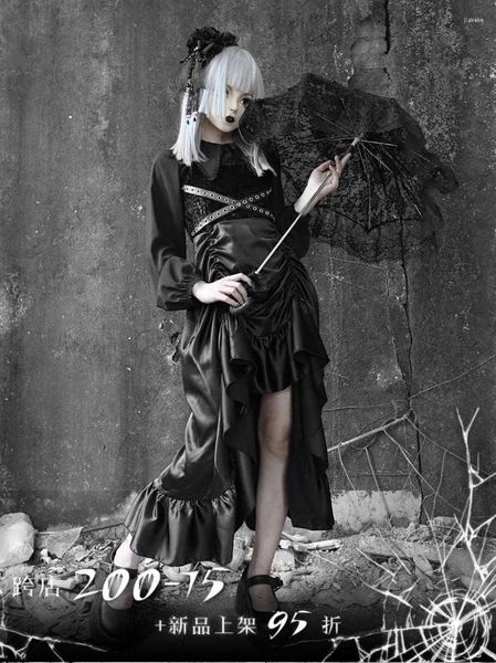 

lolita women dresses vestido halloween costume gothic dark black pu leather belt satin drawstring two pieces asymmetric dress casual, White