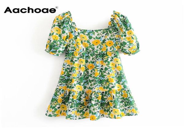 

women vintage floral print summer mini dress puff short sleeve ruffles boho dresses square collar holiday beach dress veatidos6291564, Black;gray