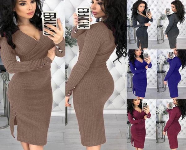 

women autumn knitted bodycon dress deep v-neck button long sleeve knitwear elegant casual knee-length drs3928537, Black;gray