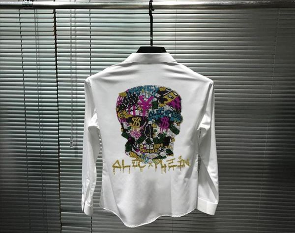 

exaggerated design young men039s oversized shirt super shiny big skull slim body drilling fashion brand long sleeves casual shi7530045, White;black