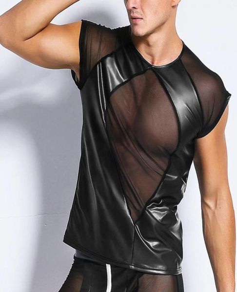 

men039s mesh sheer crop wetlook leather muscle tank vest tshirt seethrough undershirts night clubwear costume3438448, Black;brown