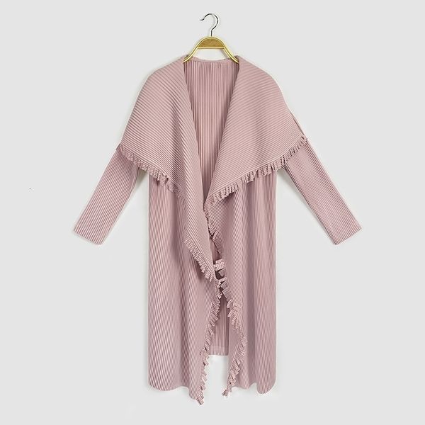 

womens wool blends spring lapel double fringe long sleeve coat solid color pleated face woolen ph012 230818, Black