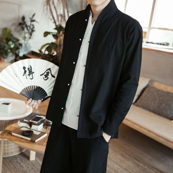 

chinese style tang costumes shirt man mandarin collar slim fit casual tai chi shirts linen long sleeve men men's2453, White;black