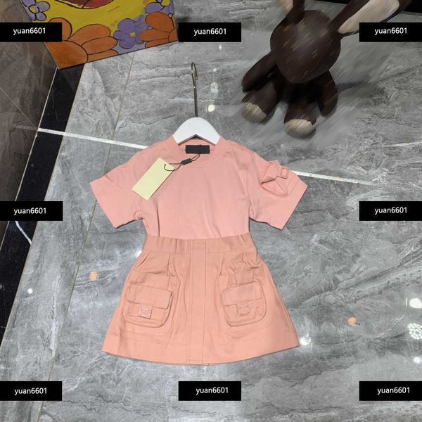

luxury kids clothes child sets baby 2pcs solid color t-shirt and skirt with pockets summer outdoors tracksuit size 100-150 cm mar01, White