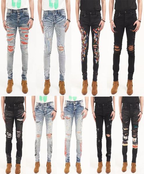 

2021 mens jeans high street tide brand dirty yellow mud wash water hole patch slim fit3077139, Blue