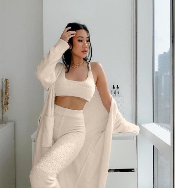 

plush fluffy fleece knitted sweater pajamas women set two piece set and pants with coat pyjama woman winter sleepwear 2016929503, Black;red