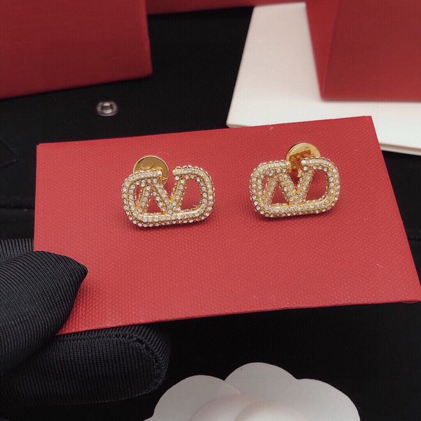 

luxury gold stud earring letter v logo brand woman hoop earing designer valentinolies jewelry pearl earrings 233, Golden;silver