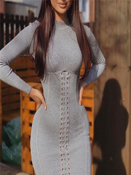 

women bodycon dress autumn long sleeve dresses lace up mini dress ladies sweater dresses female knit dress 0509022703578, Black;gray