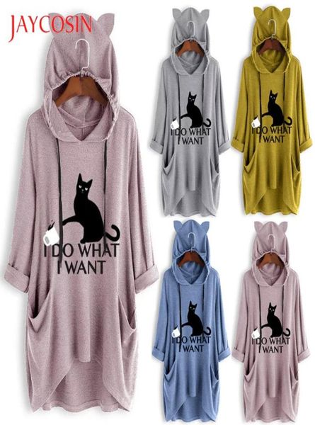 

jaycosin tshirt women casual print cat hooded tshirt long shirt pocket irregular long sleeves plus size women tshirt 7229360470, White