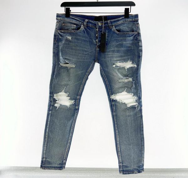

men designer jeans rips stretch knee leather mans pants distressed ripped biker slim fit motorcycle hip hop denim for men s qu4121933, Blue