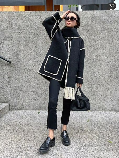 

womens wool blends totem winter women coat polyester multi color full sleeves single breasted oversize casual scarf collar keep warm 230818, Black