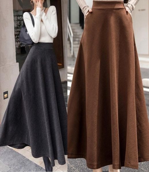 

women autumn winter long a line thick warm woolen skirts female loose wool blends long skirt1600999, Black