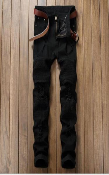 

fashion designer mens ripped biker jeans leather patchwork slim fit black moto denim joggers for male distressed jeans pants3239612, Blue