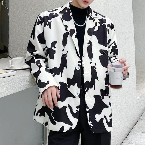 

autumn men vintage black white print casual suit blazers coat male streetwear hip hop cow printed loose overcoat men's suits 2285, White;black