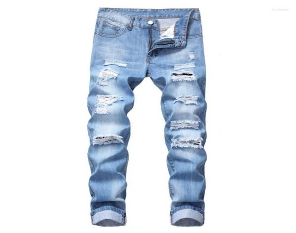 

men039s jeans men straight ripped denim streetwear long holes pants retro blue male casual hole trousers6878653