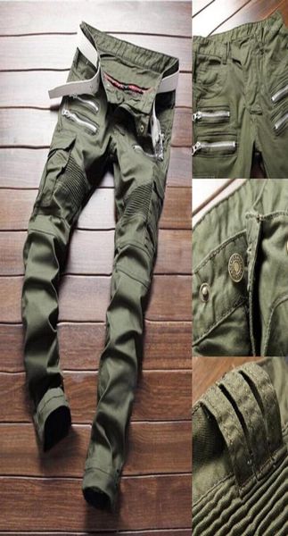 

men039s jeans armygreen biker fashion slim multipocket punk hiphop personality male denim trousers pantalones de hombre4867733, Blue