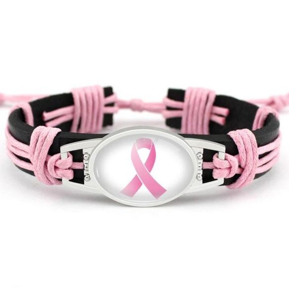 

fighter breast cancer awareness pink ribbon charm leather bracelets yellow ribbon woven rope bangle for women statement jewelry gi8932856, Golden;silver