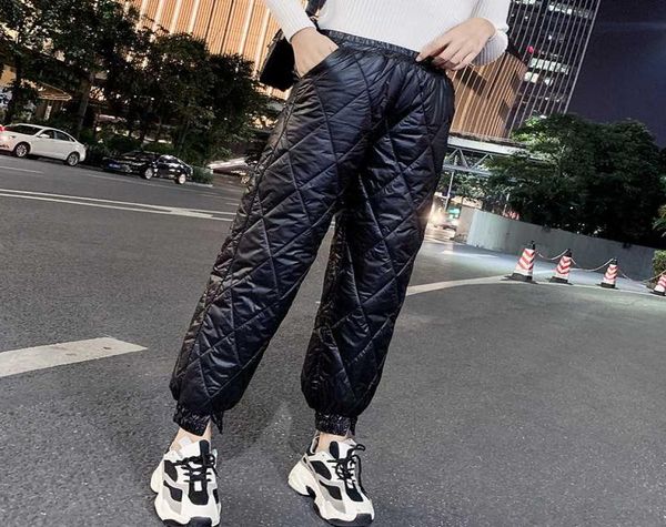 

2019 new arrival fashion casual down pants women039s winter warm soft haren pants ladies rhombus pattern slit pencil pant trous9666930, Black;white