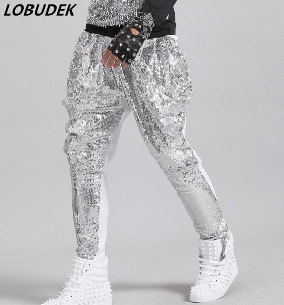

tide male silver sequins harem pants bar stage singer dancer hip hop rock performance casual loose trousers trouper street dance s1600289, Black