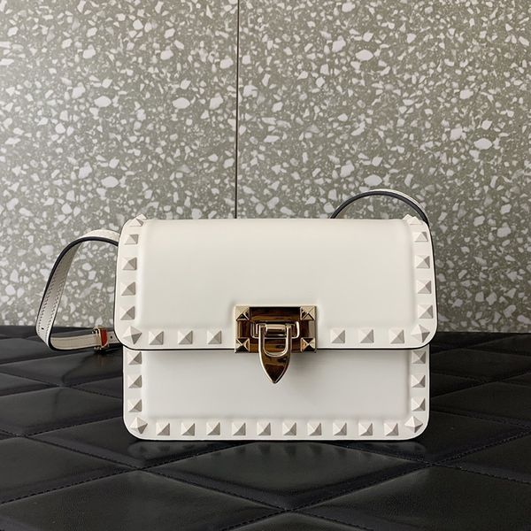 

2023 luxury designer shoulder bag fuchsia white genuine leather women handbag studs fashion lady small purse flap bags with box