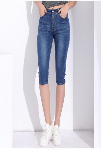 

denim high waist jeans women shorts knee length woman skinny plus size feminino capris jeans femme short denim summer pants wholes8890941, Blue