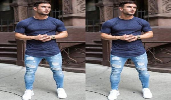 

fashion mens stretchy ripped skinny biker jeans destroyed taped slim fit denim pant vintage hole pencil trousers4543198, Blue