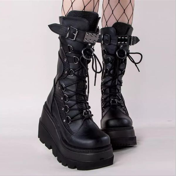 

boots women high boots cosplay mid-calf boots high platform wedges boots summer autumn designer gothic shoes for women botas 230821, Black