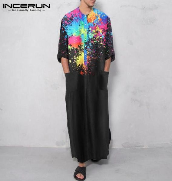 

incerun men muslim robes tie dye print jubba thobe dubai islamic arabic kaftan long sleeve fashion pockets button men clothes6824543, Red