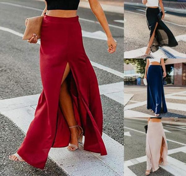 

skirts women clothes 2021 high waist chiffon flowy vintage side split long maxi bottom drop arrival29558279044282, Black