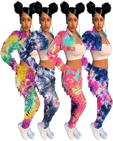 

women two piece tracksuits denim tie dye long sleeve mini jacket high waist ripped stacked jeans2723261, Gray