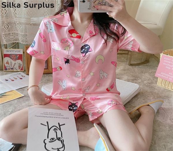 

silka surps silk satin sleepwear cute sailor moon print pajamas sets for women short sleeve pink pijama female nightwear y2007083450752, Black;red