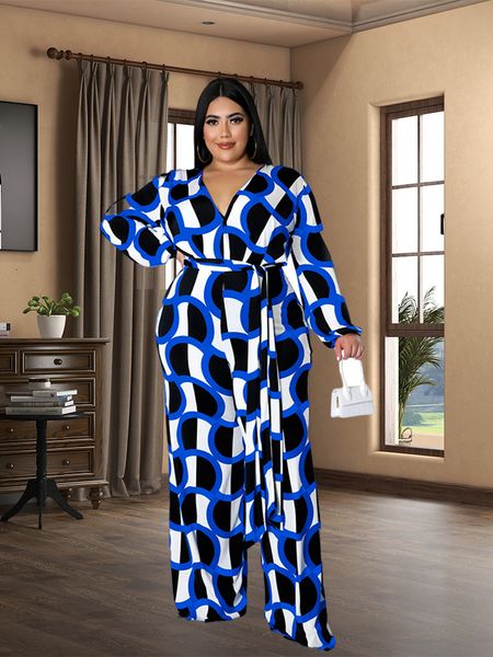 

women s plus size jumpsuits rompers elegant fashion v neck jumpsuit autumn long sleeve printed leisure club pants wholesale drop 230821, Black