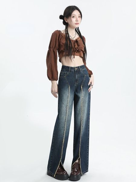 

women's jeans fashion vintage patchwork forked raw edge zipper high waist pantalones de mujer spring casual loose all match women pants, Blue